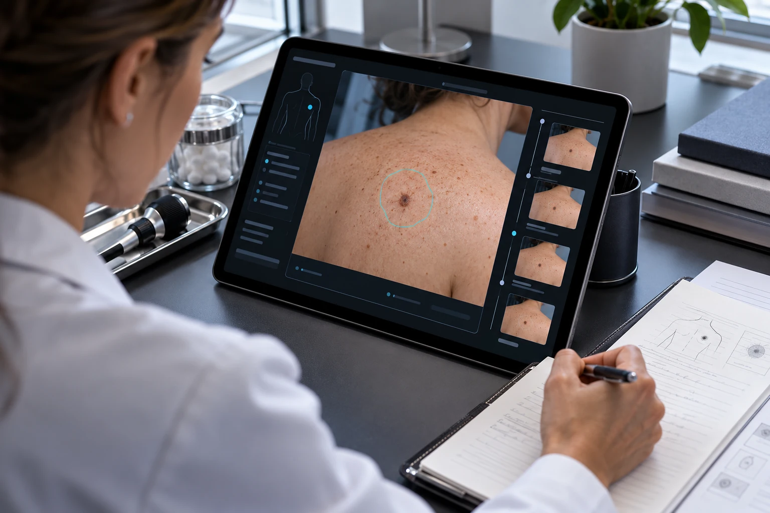 Illustrative scene: Close over-the-shoulder view of an adult dermatologist adding handwritten clinical notes beside a tablet showing a fictional adult's skin image and a dated visit timeline.