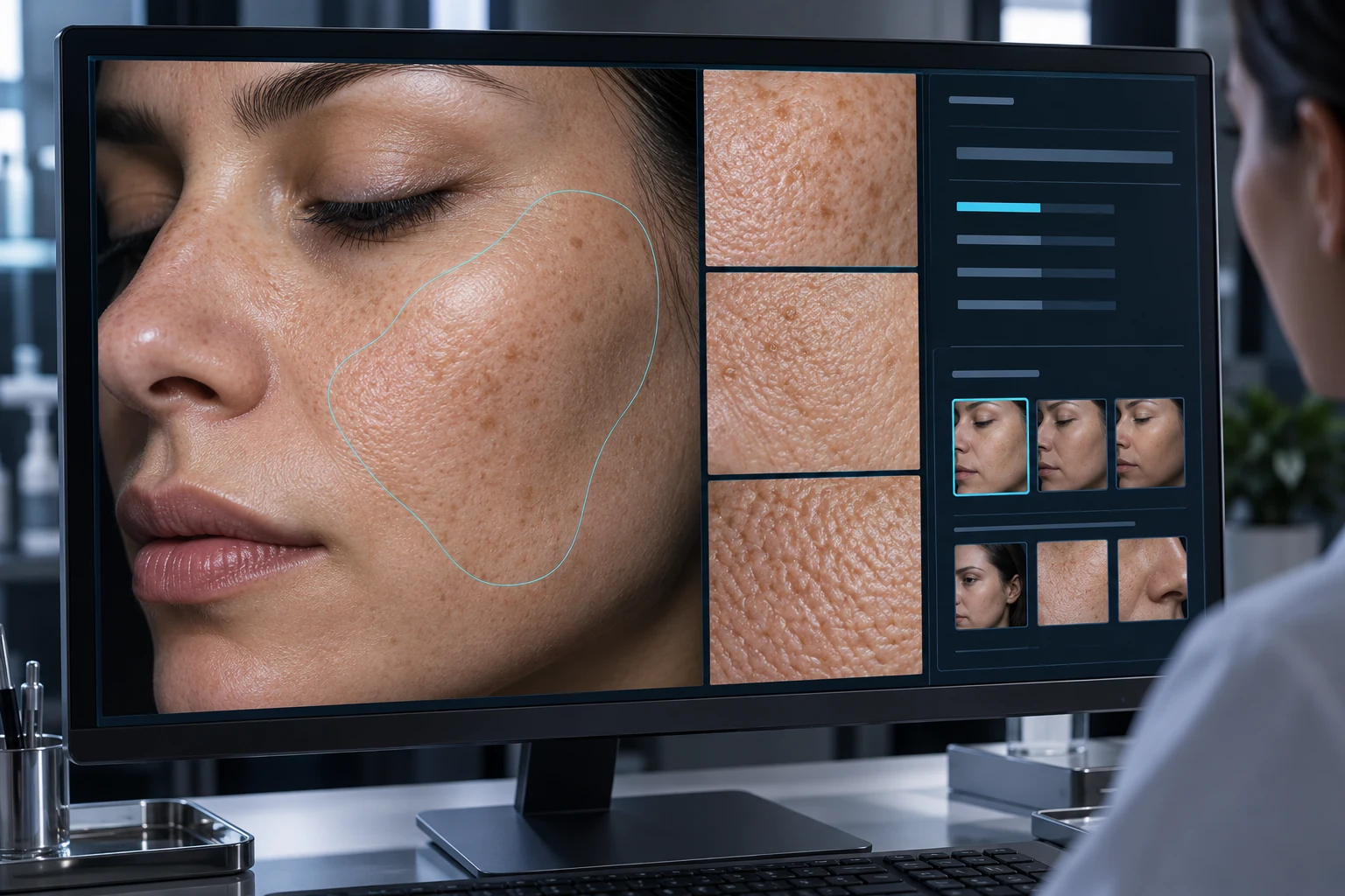 Illustrative scene: Macro cinematic photograph of a premium desktop monitor displaying a realistic close-up fictional adult cheek with delicate cyan region contours and several cropped skin texture views alongside a restrained dark analysis pane.