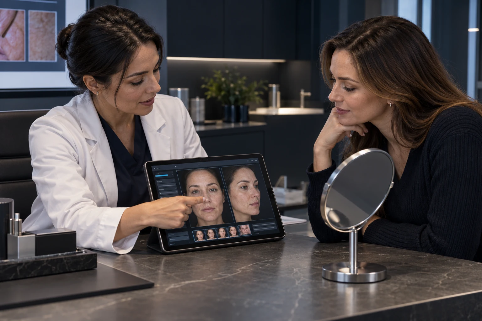 Illustrative scene: An adult aesthetic clinician and an adult woman discussing facial skin photographs at a sophisticated minimalist clinical consultation desk.