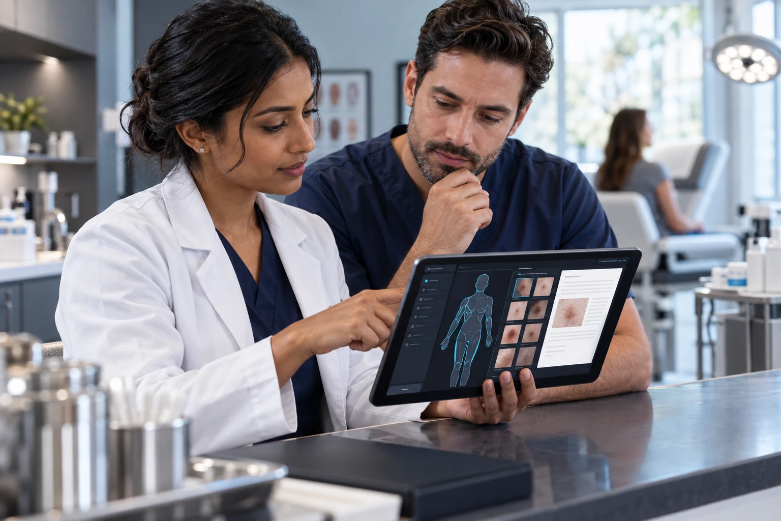 Illustrative scene: Authentic modern dermatology clinic: adult female doctor with medium-brown skin and adult male colleague reviewing a tablet together at a consultation counter.