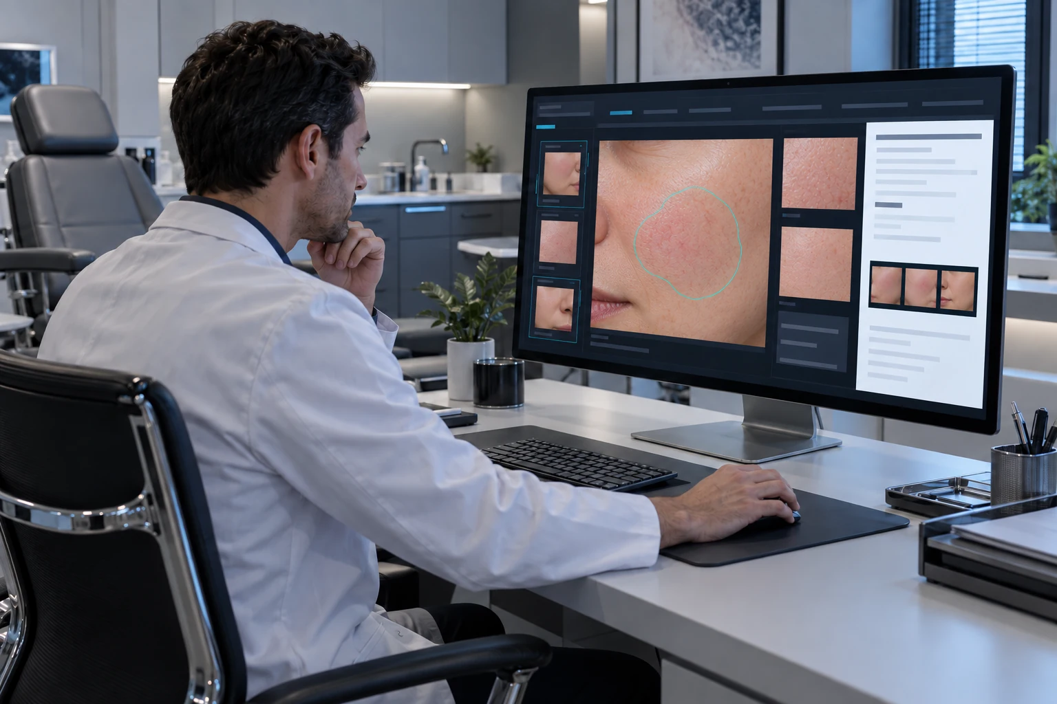 Illustrative scene: An adult independent dermatologist with short dark hair seated alone reviewing skin images on a large desktop display in a compact premium consultation room.