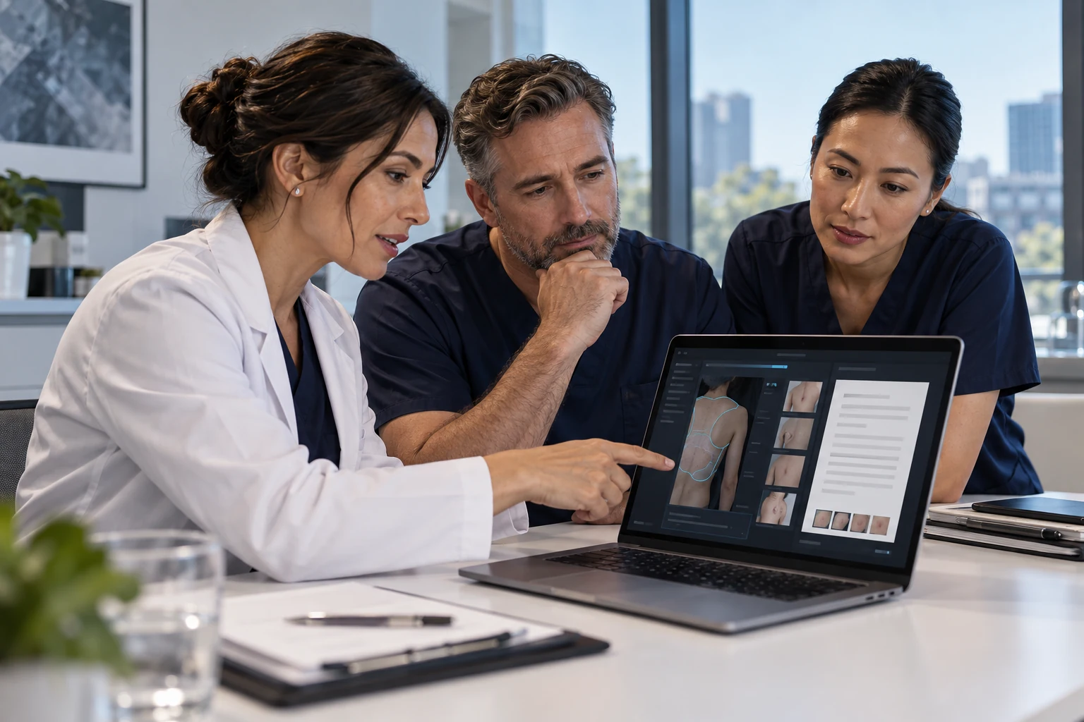 Illustrative scene: Three diverse adult clinical professionals in a bright healthcare meeting room reviewing a shared laptop workspace.