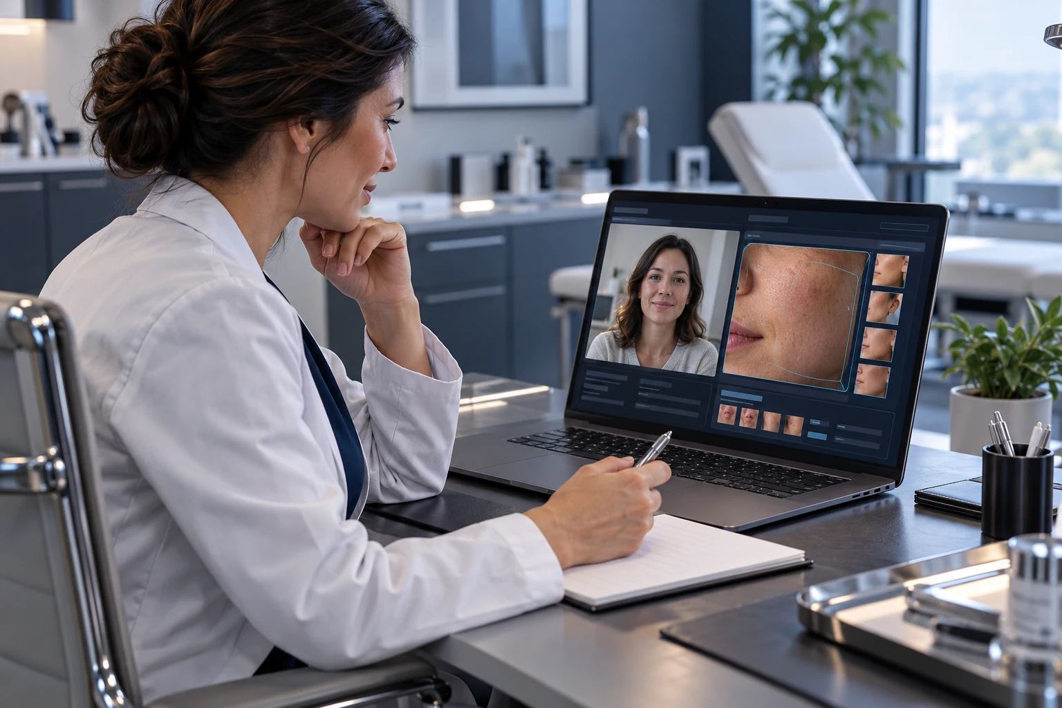 Illustrative scene: Adult dermatologist at a tidy clinical desk during remote consultation: premium laptop screen shows a fictional adult patient's face in a modest video window alongside uploaded cheek imagery.