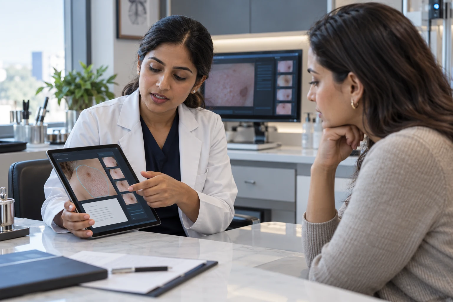 Illustrative scene: A female Indian dermatologist in her thirties and a fictional adult female patient at a contemporary consultation table.
