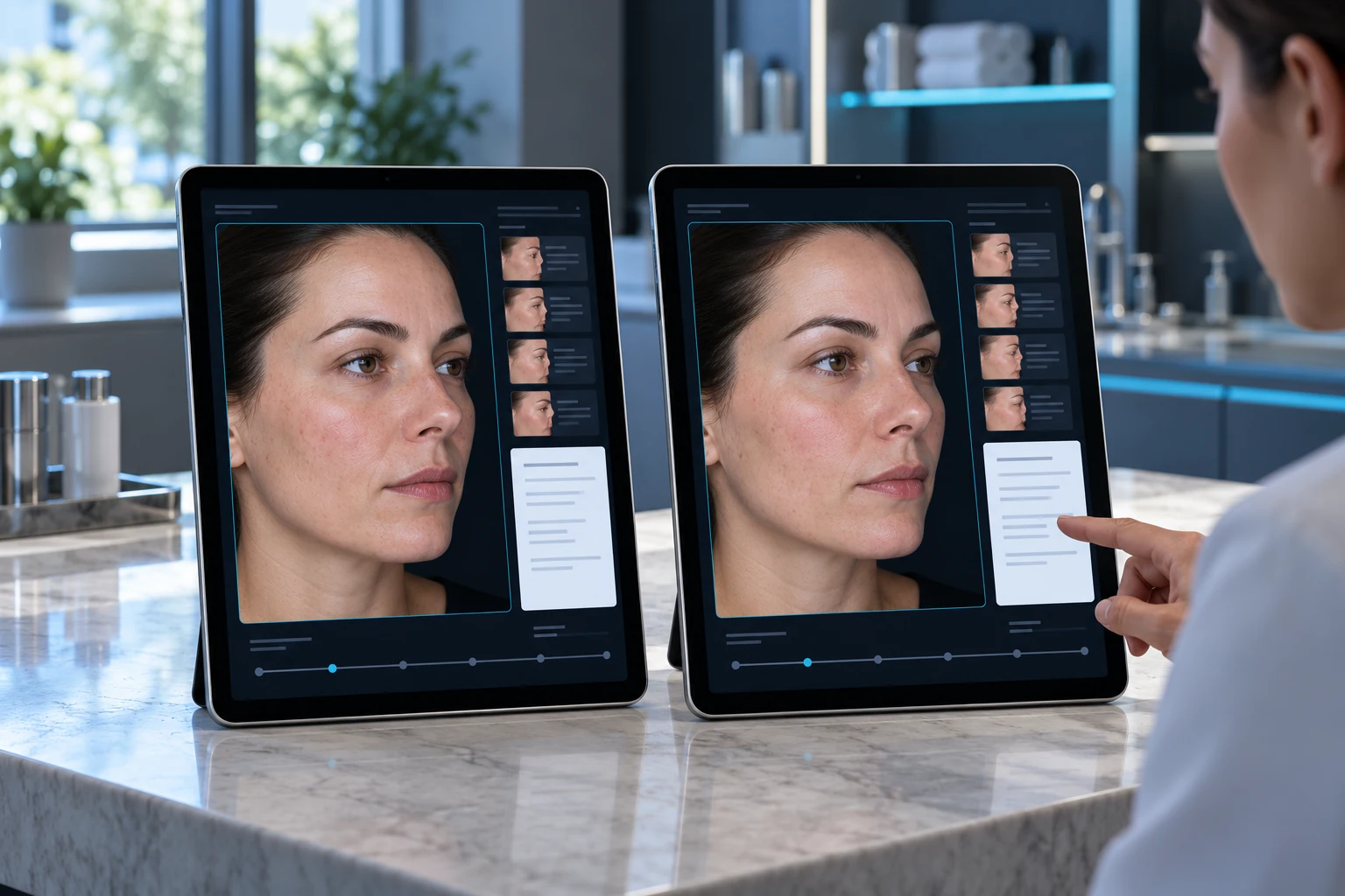 Illustrative scene: Cinematic clinical product photograph of two slim upright tablets side by side on a pale stone desk.