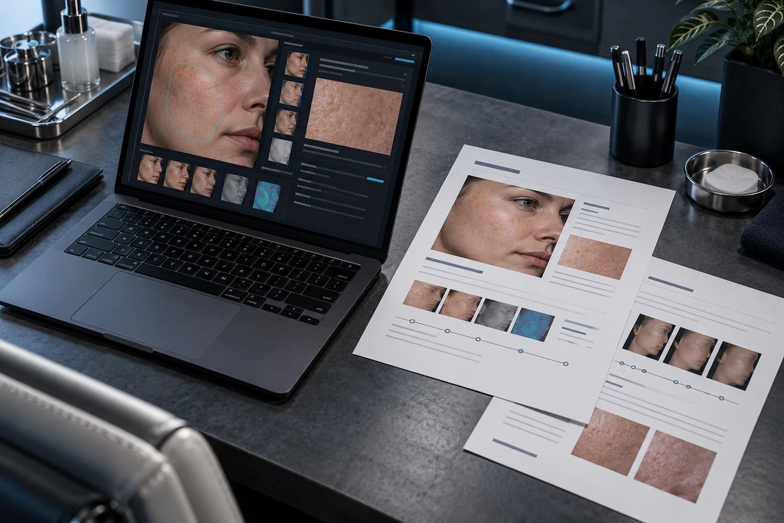 Illustrative scene: Premium still life of a graphite laptop beside two professionally laid-out white clinical report sheets on an organised dermatology desk.