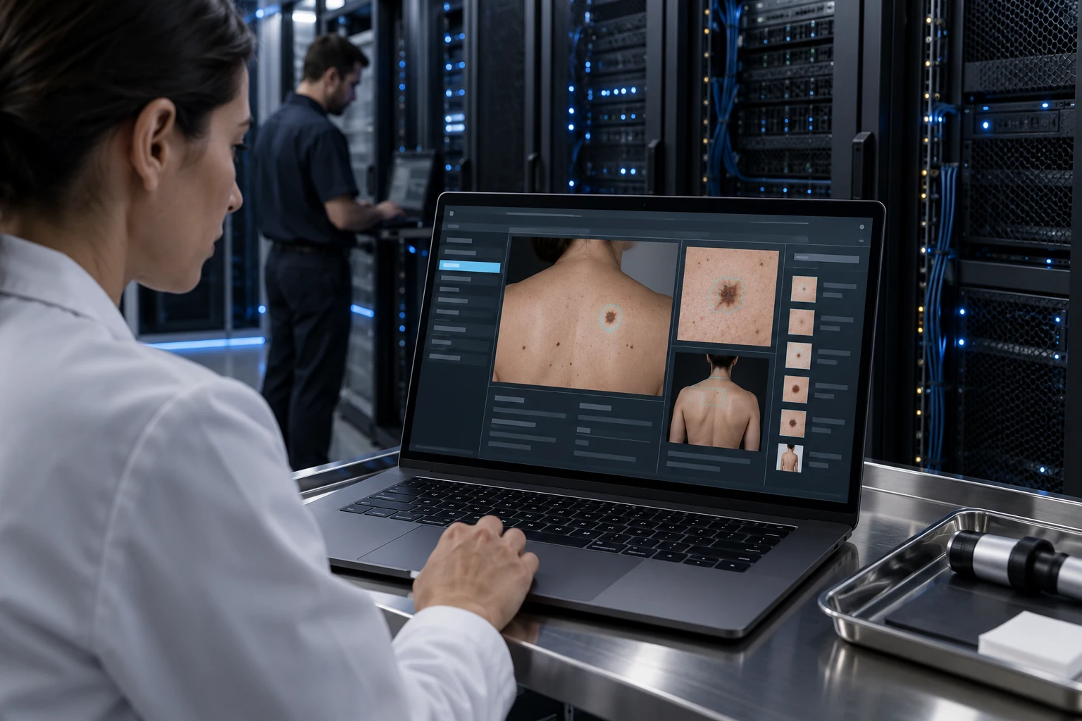 Illustrative scene: Cinematic close photographic view of physical enterprise server cabinets with subtle blue status lights and a foreground clinic laptop displaying a structured patient-record workspace.