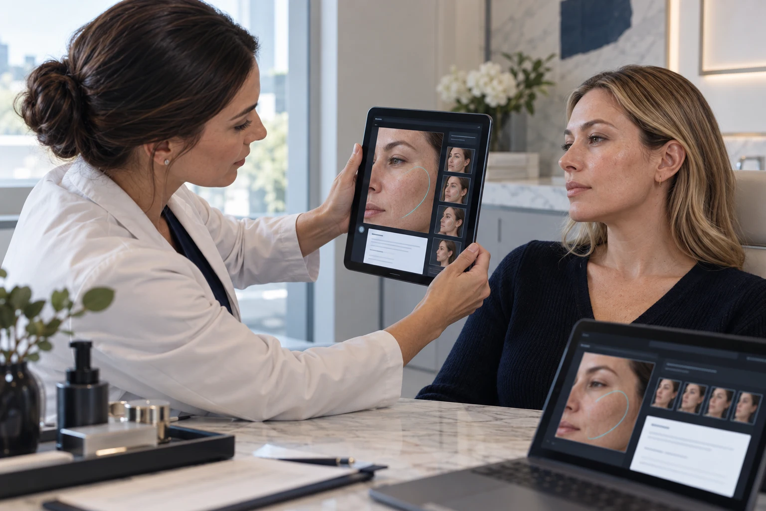 Illustrative scene: Adult aesthetic clinician with realistic professional appearance photographing an adult woman's cheek using a tablet at a calm aesthetic clinic consultation table.
