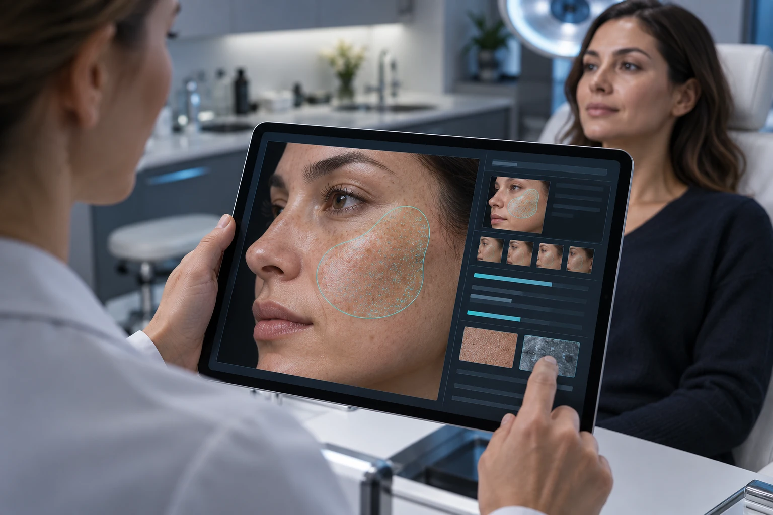 Illustrative scene: Premium close cinematic view of a medical tablet held naturally by a clinician wearing neutral clean clinical clothing, tablet shows realistic fictional adult cheek photograph with gentle cyan region boundary and dark structured analysis panels.