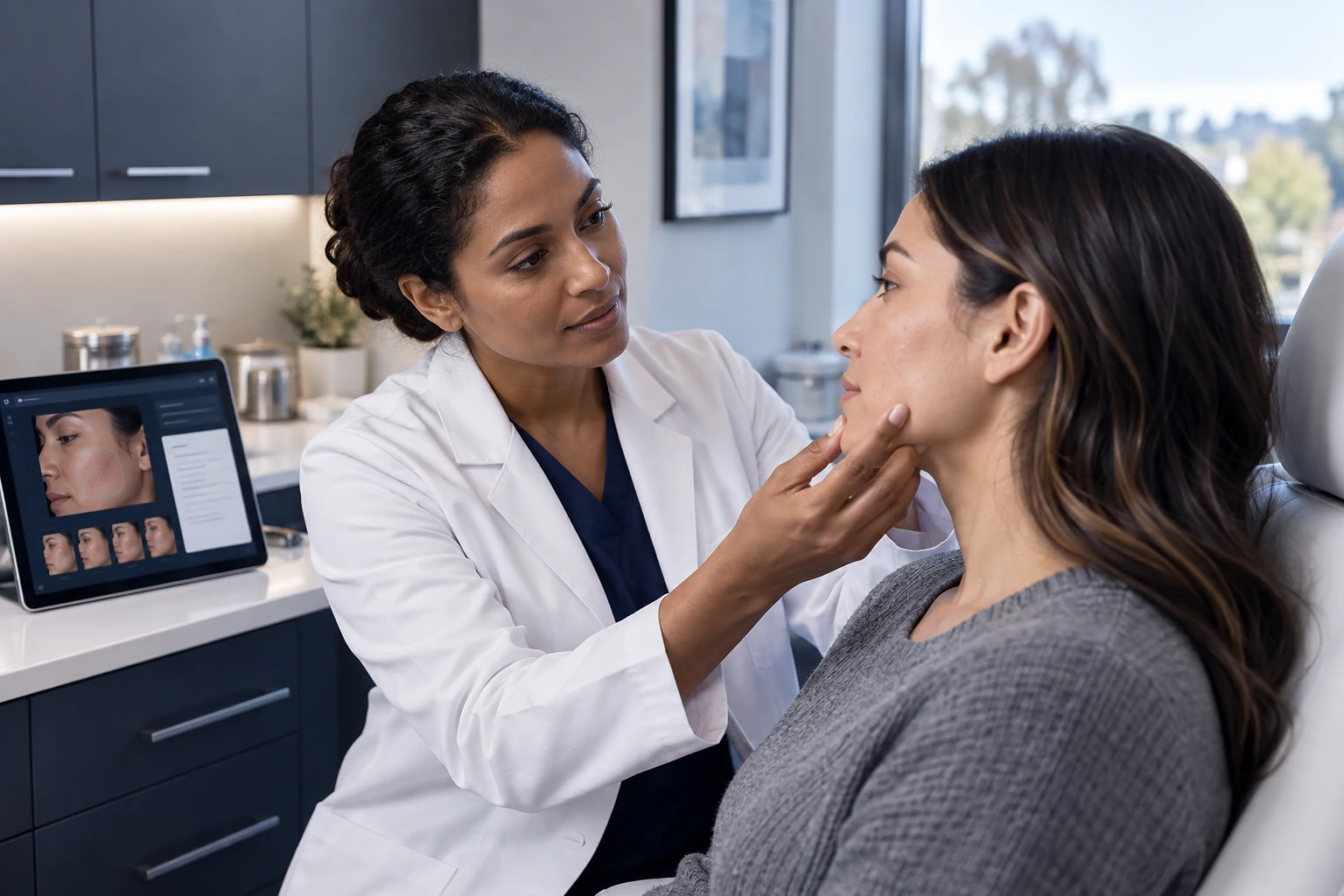 Illustrative scene: An adult female dermatologist with brown skin examining an adult female patient's cheek visually in a modern neutral dermatology room, professional clinician at eye level, respectful realistic distance, tablet on adjacent counter, soft window light, meaningful editorial healthcare scene, no invasive equipment.