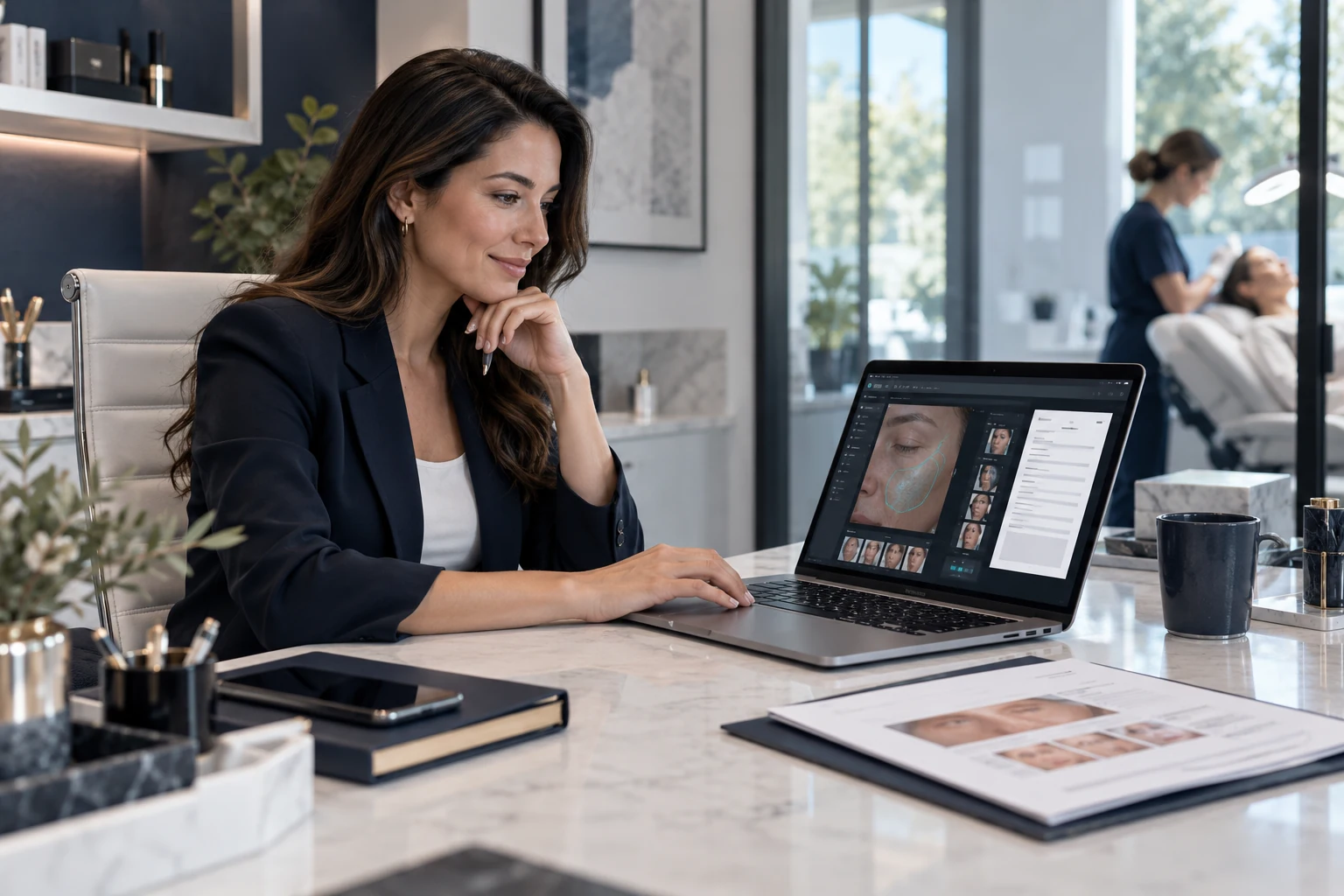 Illustrative scene: A welcoming premium dermatology consultation office, adult clinic manager at an elegant desk reviewing a laptop and preparing to discuss a product enquiry, adult clinician just visible out of focus beyond glass.