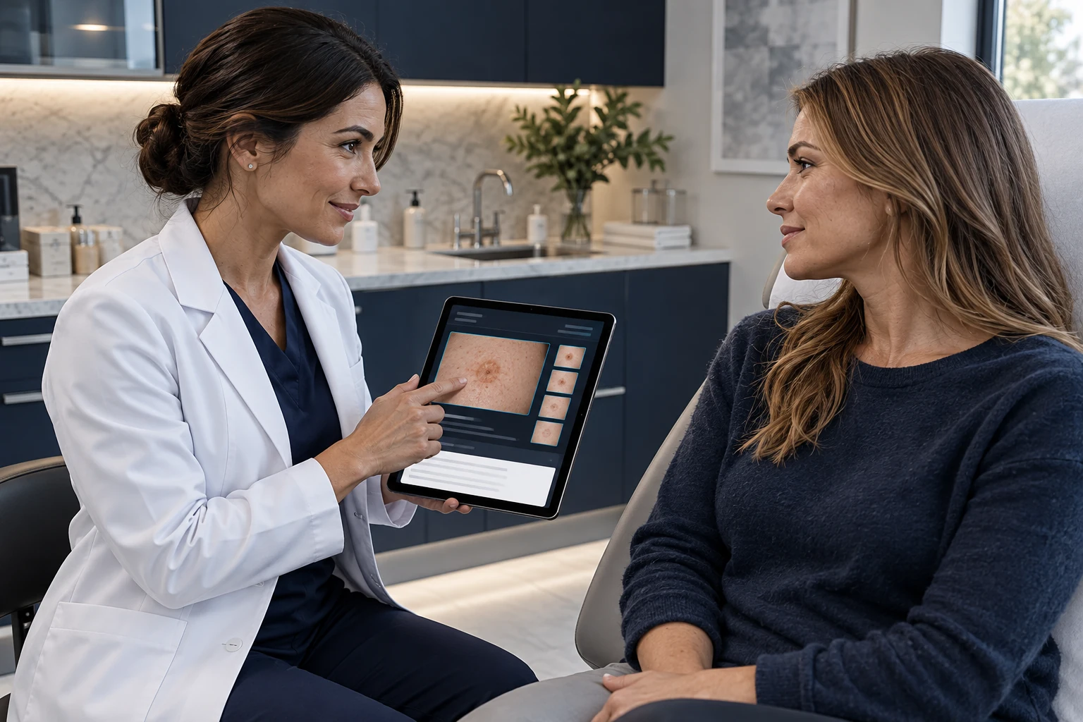 Illustrative scene: An adult dermatologist using a slim black tablet during a follow-up conversation with a seated fictional adult patient in a premium real dermatology clinic.