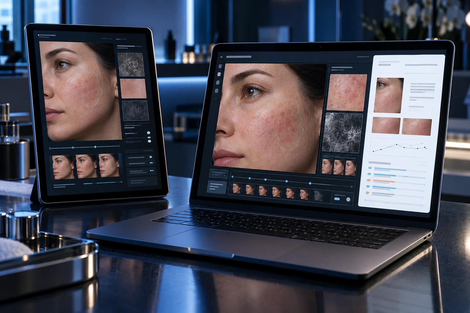 Laptop and tablet showing illustrative skin imagery, region overlays and clinical records in a cinematic clinic setting.