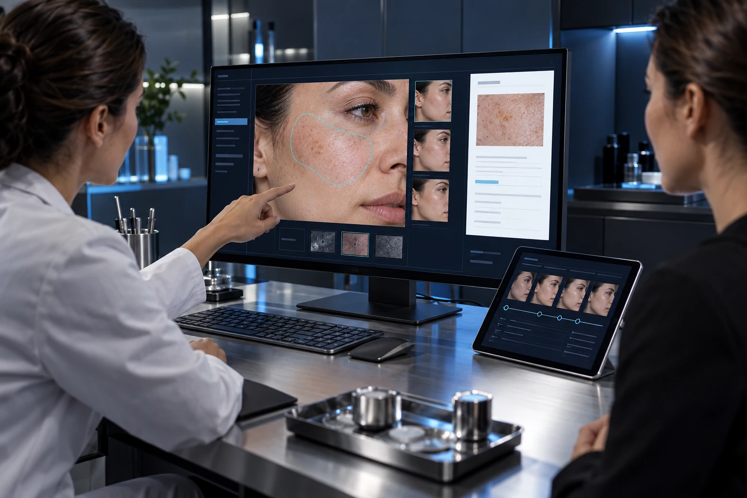 Illustrative scene: A premium clinical imaging workstation with widescreen monitor and slim tablet on a brushed metal desk.