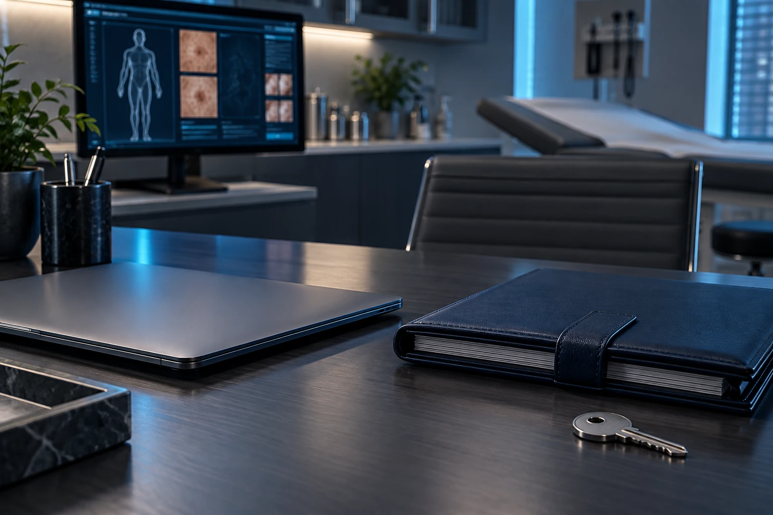 Illustrative scene: Premium clinical information still life: closed graphite laptop, a carefully shut navy document folio and a physical silver key on a clean desk in a softly lit consultation office.