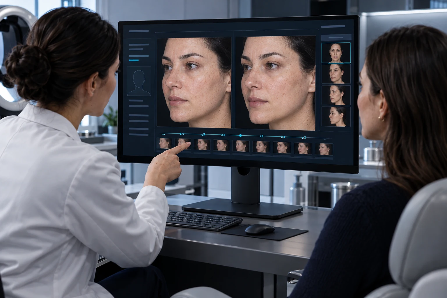 Illustrative scene: Photorealistic wide desktop monitor showing side-by-side visit images of the same fictional adult woman face with very similar natural skin texture, no dramatic improvement.