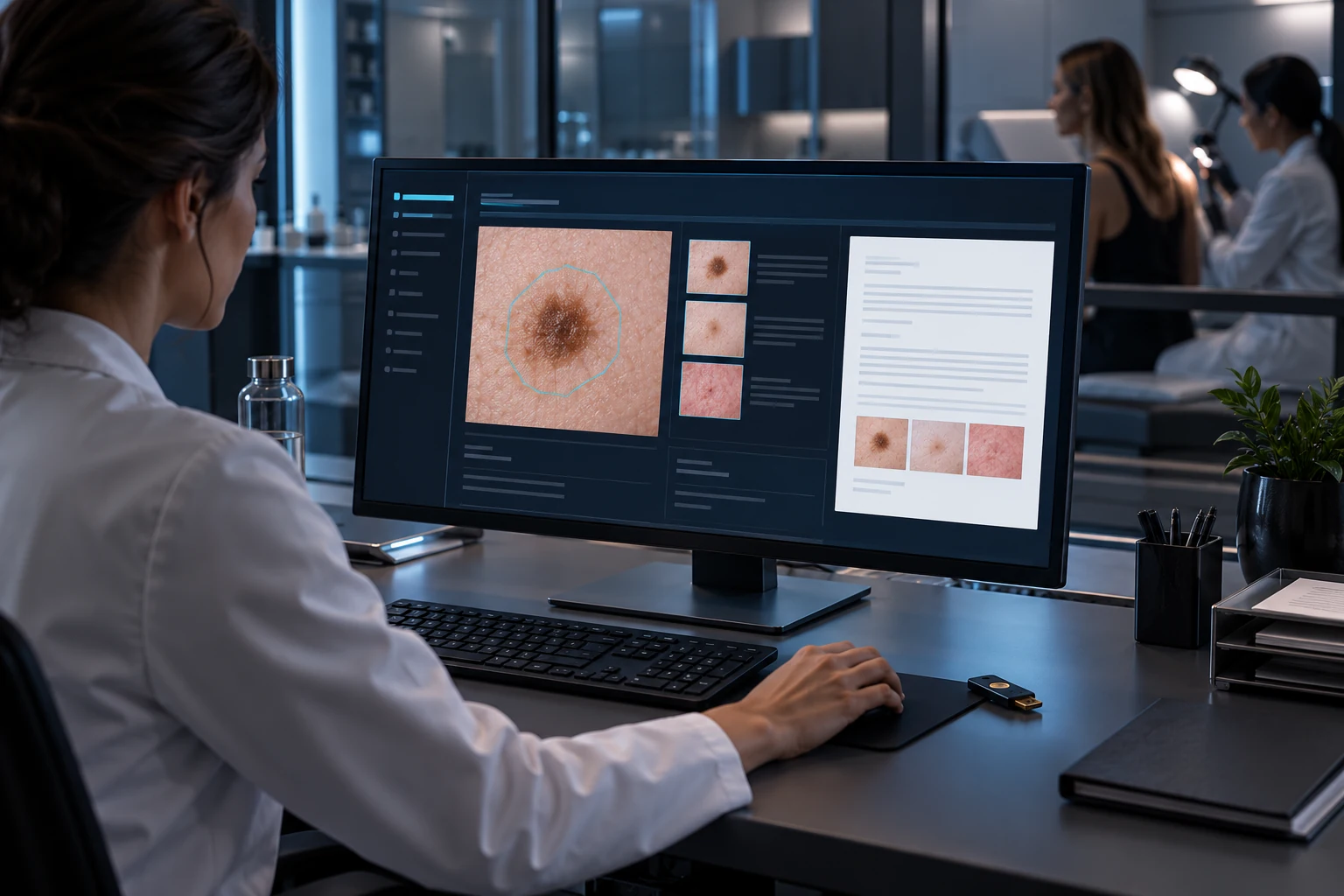 Illustrative scene: Photorealistic clinic workstation featuring a privacy-filter monitor viewed almost front on, a physical security key next to a keyboard, and a clinician's hand accessing a dark patient record interface.
