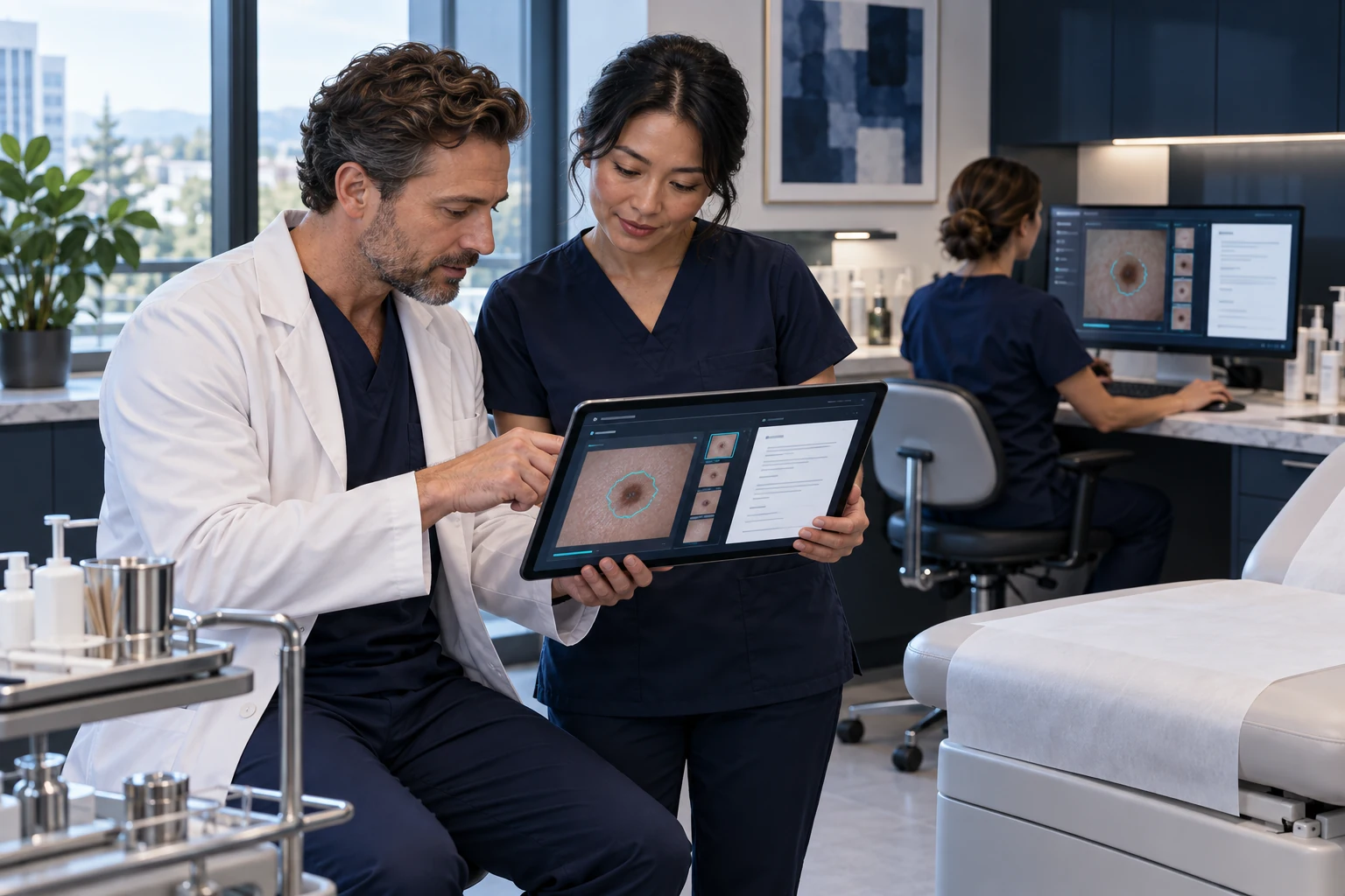 Illustrative scene: Wide editorial photograph of a diverse adult clinical team in a beautiful dermatology practice, one clinician reviewing a tablet with another while third is at a workstation in the background.