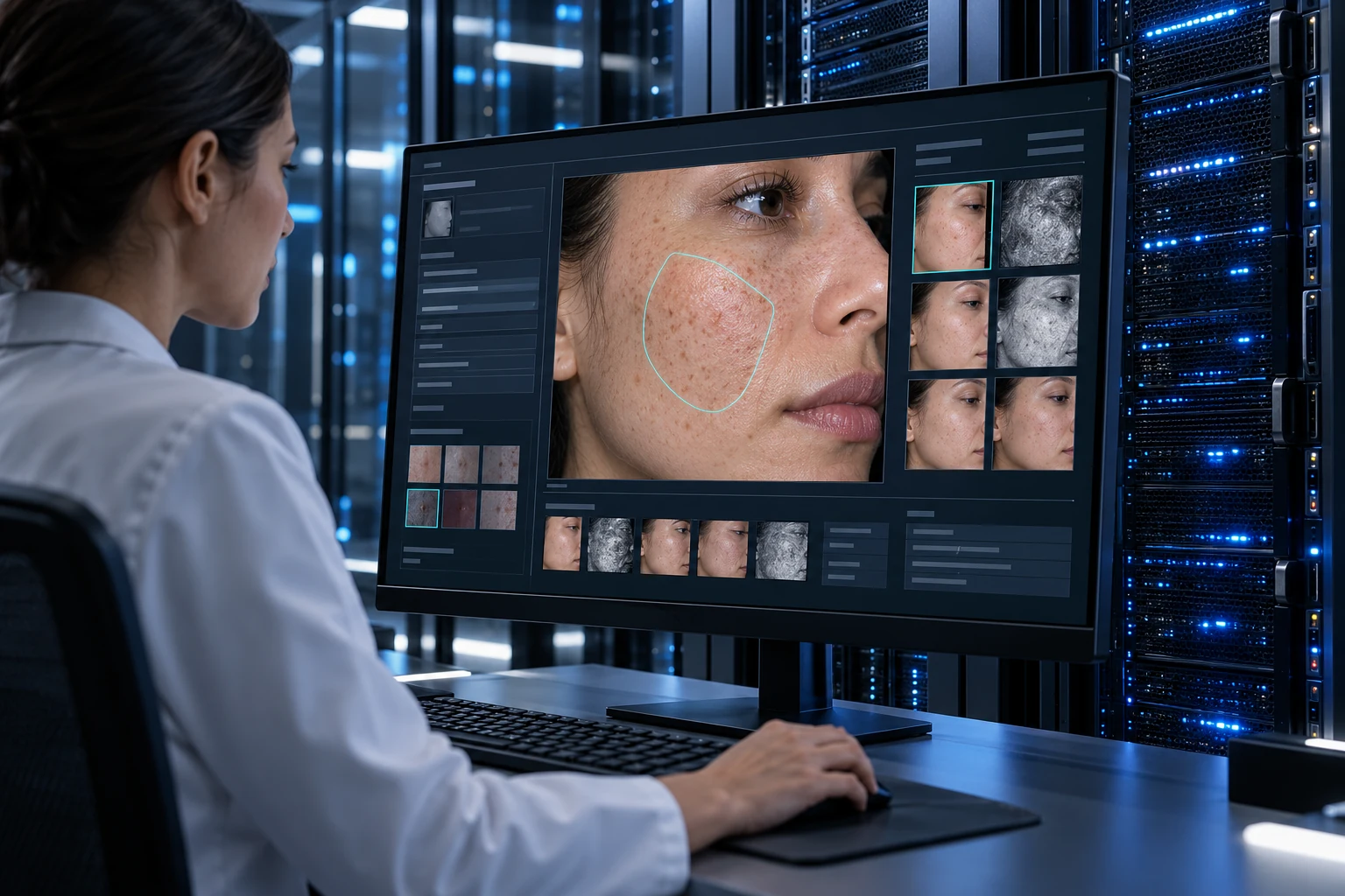 Illustrative scene: Cinematic close view of a sleek real server rack with blue LED status lights reflected in dark graphite glass, foreground large monitor showing clinical image workflow with fictional cheek photograph and record panels.