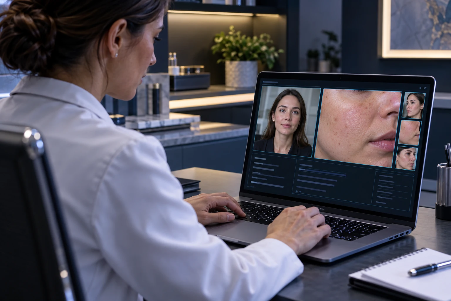 Illustrative scene: Close editorial view of an adult dermatologist at a laptop reviewing a fictional adult patient remotely.