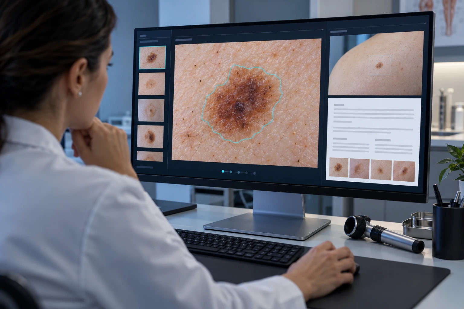Illustrative scene: An adult clinician reviewing a skin photograph and fine cyan region contours on a large desktop monitor in a quiet consultation office.